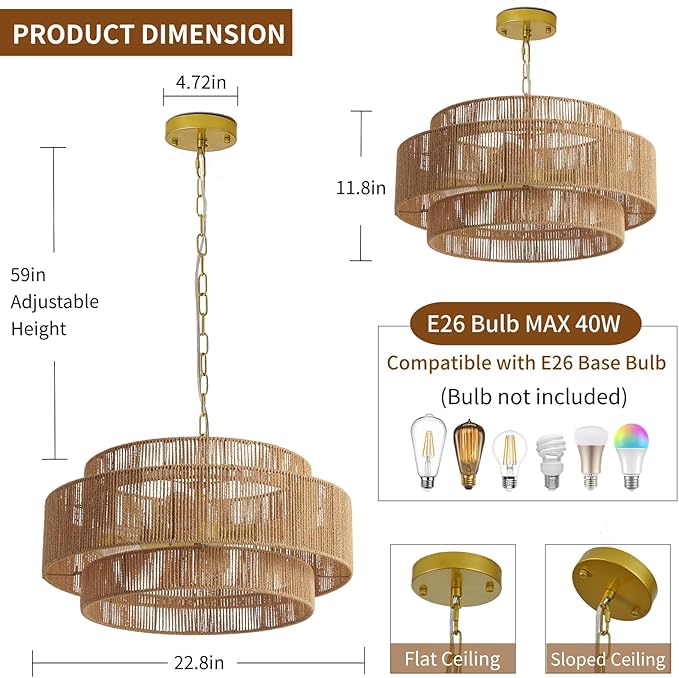 Large Woven Rattan Chandeliers for Kitchen Island, 22.8in Coastal Boho Pendant Lights for Dining Room, Living Room