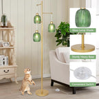 Gold Floor Lamps for Living Room, Boho Green Glass Flower Floor Lamp with 3 Led Bulb, Mid Century Modern 3 Light Brass Tall Lamps Farmhouse Standing Lamp Tree Floor Lamps for Bedroom,Office,Corner