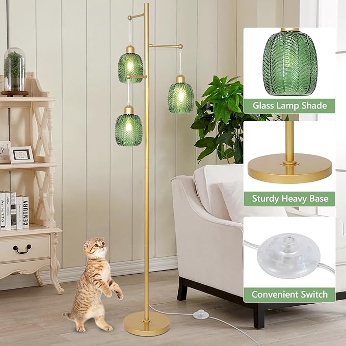 Gold Floor Lamps for Living Room, Boho Green Glass Flower Floor Lamp with 3 Led Bulb, Mid Century Modern 3 Light Brass Tall Lamps Farmhouse Standing Lamp Tree Floor Lamps for Bedroom,Office,Corner