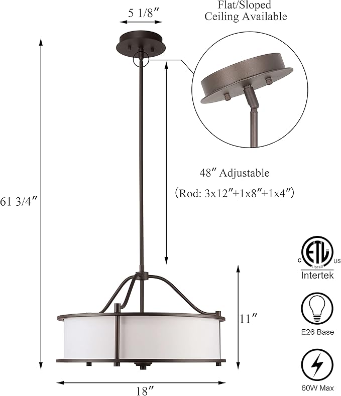 XiNBEi Lighting Pendant Lighting 18 inch 3 Light Drum Pendant Light with Fabric Shade and Glass Diffuser in Dark Bronze, Classic Convertible Drum Chandelier for Living & Dinning Room XB-P1199-DB
