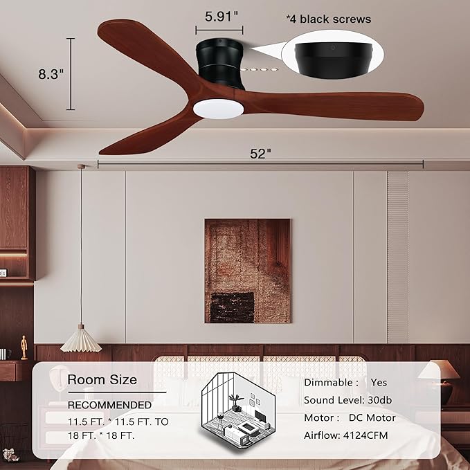 52” Smart Wood Flush Mount Ceiling Fans with Lights Remote,Quiet DC Motor,Outdoor Indoor Low Profile Ceiling Fan,Voice WIFI Alexa App Control,Dimmable,6-speed,for Modern Bedroom Patio