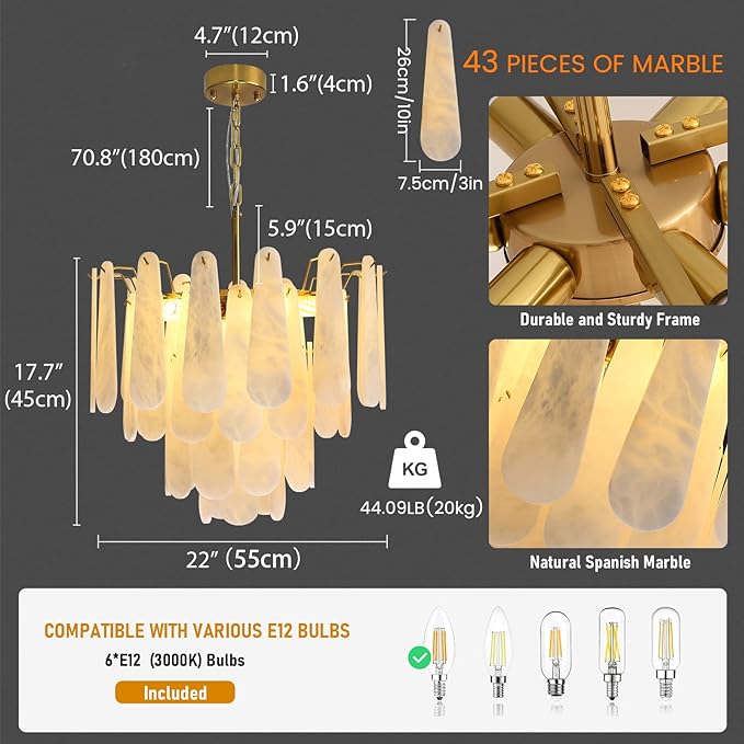 Alabaster Round Chandelier, 22" 43 PCS Natural Spanish Marble Stone Chandelier, 4-Tiers Modern Luxury Brass Alabaster Chandeliers for Dining Room, Living Room, Bedroom, Bathroom, Entryway, Foyer