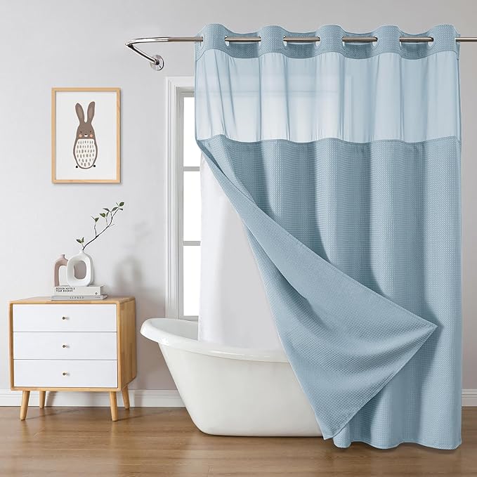 Teal Hook Waffle Weave Shower Curtain with snap-in Liner Replacement, 230GSM Waterproof Fabric Hotel Shower Curtain Set for Bathroom, Through Mesh Top Window,71Wx74H