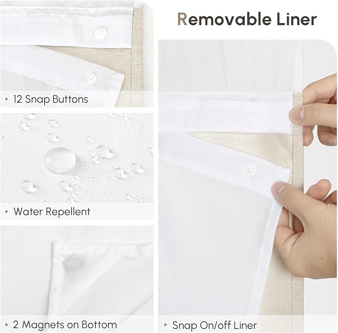 WELTRXE No Hook Shower Curtain with Snap in Liner, 230GSM Waterproof Fabric Hotel Luxury Weighted Bath Curtain with See Through Mesh Top Window, Machine Washable, 72 x 74 Inch, Beige