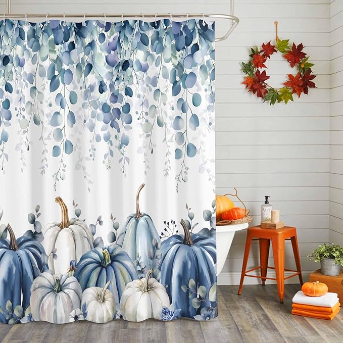 Fall Thanksgiving Shower Curtain, Blue Eucalyptus Leaves Shower Curtains Set with Hooks, Autumn White Pumpkin Waterproof Fabric Bathroom Curtains Decor Home Accessories,72 X 84 Inch Extra Long