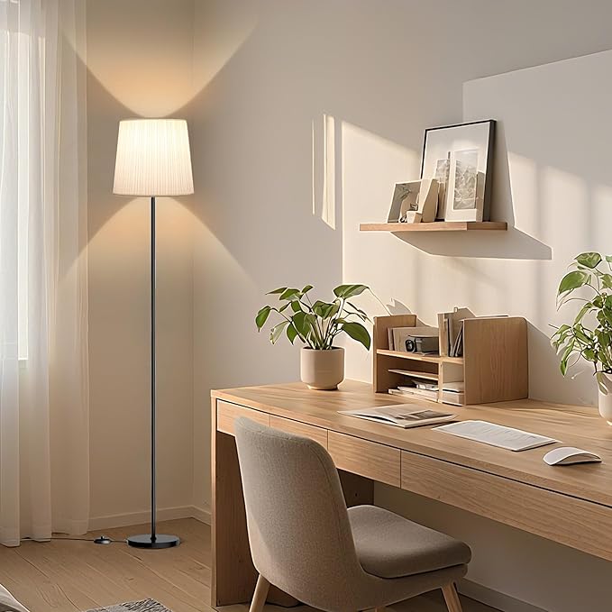 Floor Lamp with Pleated Shade - 3 Color Temps LED Standing Lamp with Foot Switch, 9W E26 Bulb Included, 62" Floor Reading Light for Living Room Bedroom Office Corner Dorm Kids, Black