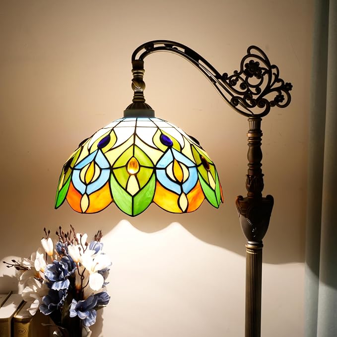 Tiffany Floor Lamp Green Peacock Tail Painted Glass Orange Adjustable Upright Reading Floor Lamp Living Room Dining Room Bedroom Tiffany Style Retro Home Lamp Light Luxury Home Decoration Art Lighting