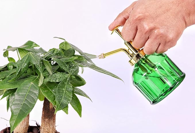 Glass Plant Mister Spray Bottle, 6.5" Green Glass Water Spray Bottle with Gold Top Pump Small Watering Can, Small Plant Sprayer Mister for Indoor Outdoor House Plant, Green+Gold (Green+Gold B)