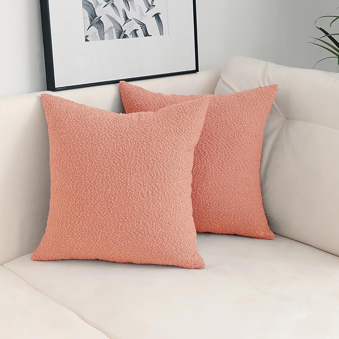 Jeneoo Coral Pink Decorative Square Thick Throw Pillow Covers Fine Textured Boucle Couch Cushion Cases for Sofa Decor, Set of 2, 18 x 18 Inch