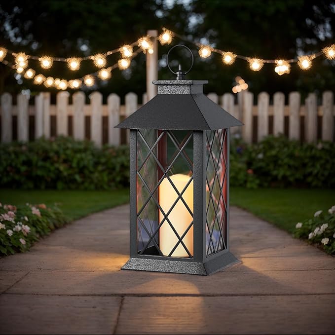 Christmas Lanterns Decorative Indoor, 2 Packs 14" Battery-Powered Waterproof Black LED Candle Lanterns with Timer for Patio & Outdoor, Vintage Hanging Lantern for Xmas Home Decorations, Diamond