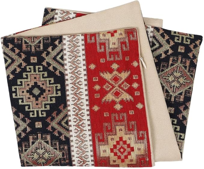 Tapestry Gobelin Red-Black 16"x16" Pillow Cover Sham Ethnic Turkish Kilim Tribal Style Throw Decorative for Home Decor, Sofa, Couch, Porch, Patio, Window Seat