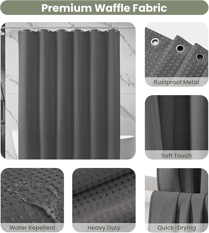 Inhousolu Fabric Shower Curtain Waffle Weave, Graphite Grey 230 GSM Heavy Duty, Weighted Hem, 14 Metal Hooks, Water Repellent, Machine Washable, Hotel Spa Luxury Bath Curtain Set, 72 x 84 Inch