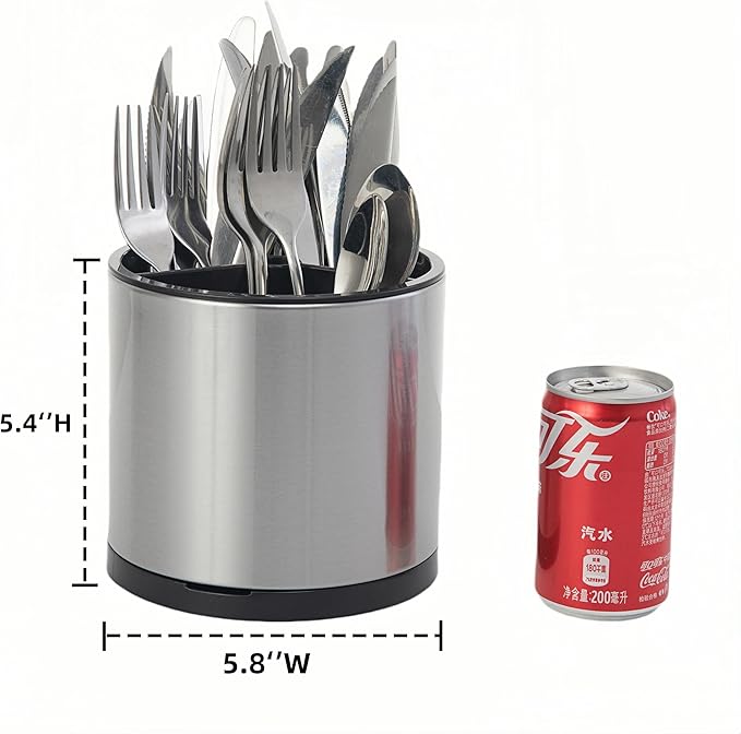 Kitchen Utensil Holder Extra Large 360°Rotating For Counter Organizer Stainless Steel Storage Cooking Silverware Caddy 3 Compartment Flatware Spoon Spatula Tool Cutlery Container