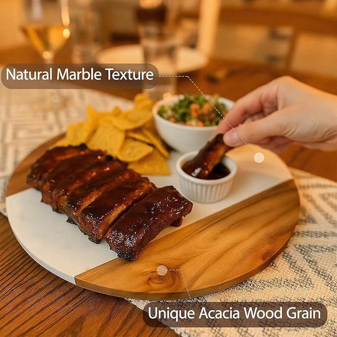 13" Marble and Wooden Lazy Susan – Rotating Table Tray for Dining Table, Kitchen, or Coffee Table – Decorative Turntable Serving Tray