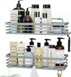 Orimade Shower Caddy with 5 Hooks for Hanging Razor and Sponge Adhesive Shower Shelf Basket Bathroom Storage Organizer Kitchen Rack No Drilling Stainless Steel Rustproof - 2 Pack, Light Blue Grey