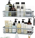 Orimade Shower Caddy with 5 Hooks for Hanging Razor and Sponge Adhesive Shower Shelf Basket Bathroom Storage Organizer Kitchen Rack No Drilling Stainless Steel Rustproof - 2 Pack, Light Blue Grey