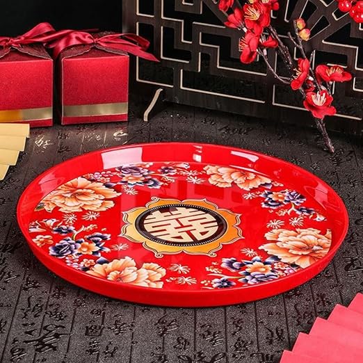Cabilock Serving Platter Chinese Food Tray Red Wedding Serving Tray Fruit Plate Fruit Snack Storage Holder for Home Kitchen and Wedding Snack Round 13X2. 9inch Chinese Candy Boxes