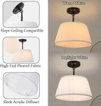 Electro bp; 12.6”Dia White Pleated Drum Shade Close to Ceiling Light Fixture Modern Classic Brocade Fabric Cone Shape Semi-Flush Mount,Matte Black Painted,2 Sockets,E26,120W;