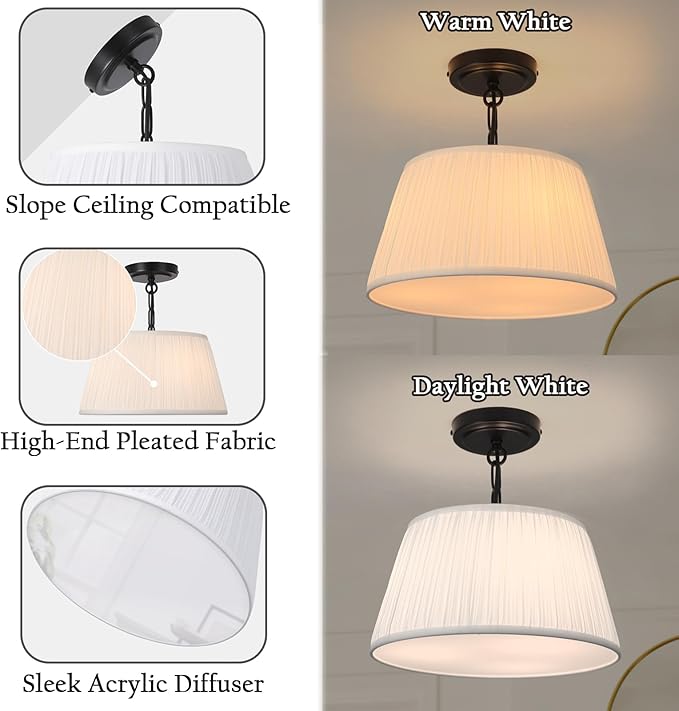 Electro bp; 12.6”Dia White Pleated Drum Shade Close to Ceiling Light Fixture Modern Classic Brocade Fabric Cone Shape Semi-Flush Mount,Matte Black Painted,2 Sockets,E26,120W;