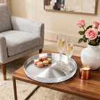 Round Bling Stainless Steel Serving Tray, Shiny Serving Platter for Coffee Table Display, Glitter Rhinestones Decorative Tray for Home Decor (Silver-8.6 inch)