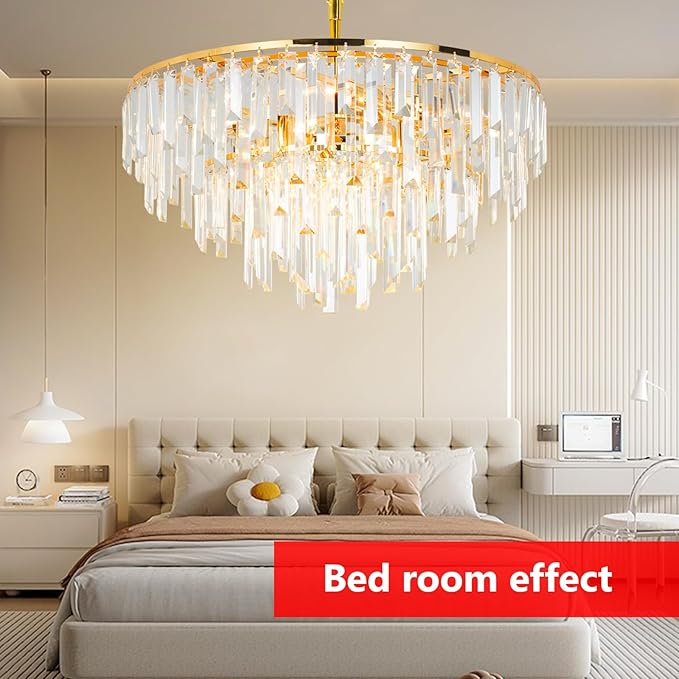 Gold Modern Round Top K9 Crystal Chandelier Lighting Fixture, 8 Lights Round K9 Crystal Adjustable Hanging Lamp for Dining Room Bedroom Living Room,Hallway,Bar,Kitchen W24''