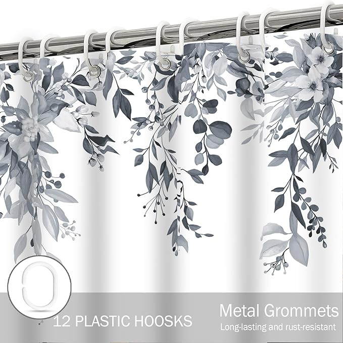 Eucalyptus Shower Curtain, Blue Grey Watercolor Leaves with Floral Botanical Bathroom Decor, Waterproof Fabric Bath Curtain Set with Hooks, 72x72 Inches