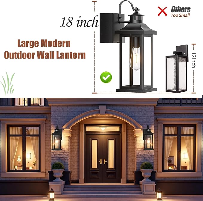 Roravilia Motion Sensor Outdoor Light for House with GFCI Outlet, 18” Large Dusk to Dawn Exterior Light Fixture IP65 Waterproof Exterior Lantern Porch Light Patio Garage Wall Sconce, 2 Receptacles