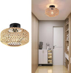 Boho Rattan Ceiling Light Fixture, Mini Rattan Chandelier Lighting Fixture, Hand Woven Ceiling Light Fixtures for Hallway Bedroom Kitchen Entryway Living Room
