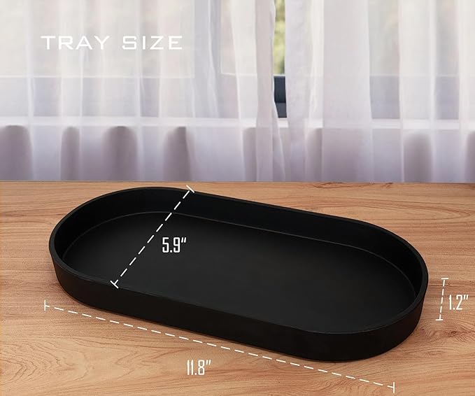 Black Small Tray (11.8 inch), Oval Tray for Kitchen Counter, Bathtub Bathroom Vanity Items, Countertop Organizer, Coffee Accessory, Bar, Serving Seasoning, Salt and Pepper, Soap, Perfume.