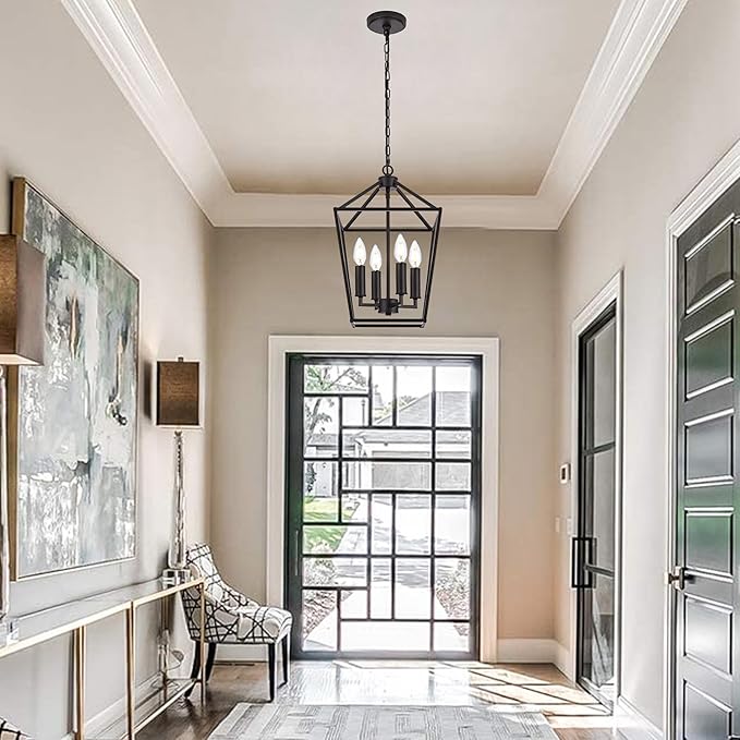 MELUCEE Farmhouse Chandelier in Oil Rubbed Bronze 4 Lights Lantern Pendant Light Vintage Openwork Cage Hanging Light Fixtures Ceiling for Kitchen Island Dining Room Entryway, E12 Base