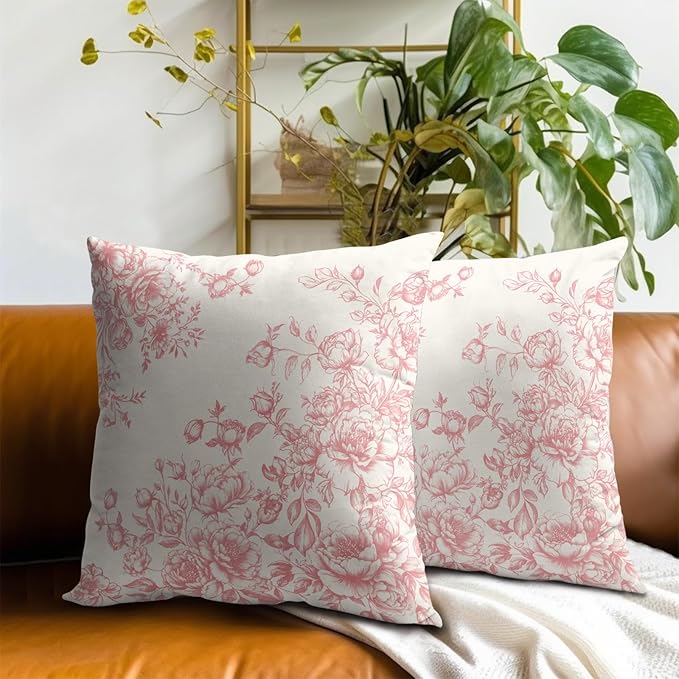 Vintage Flowers Throw Pillow Covers 20x20 Inch, Set of 2 Chinoiserie Pink Floral Decorative Pillowcases Double Sides Square Cushion Cover for Couch Sofa Bed Farmhouse Home Decor