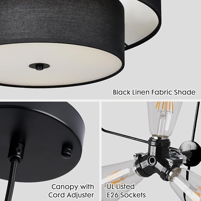 18" Drum Black Pendant Light, Large Modern Hanging Ceiling Chandelier Fixture with Dual Layer Linen Shade, Ideal for Dining Room, Living Room, Bedroom, and Kitchen