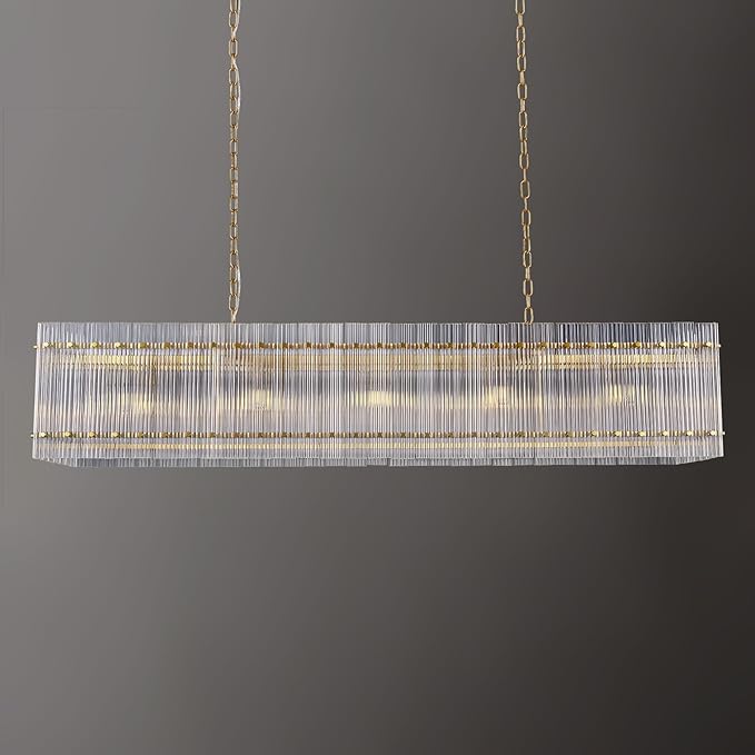 Modern Gold Chandeliers,55 in Chandelier for Dining Room, Rectangular Water Ripple Crystal Glass Chandeliers Lighting Fixture, Suit Living Room、Kitchen Island, Adjustable Hanging Chandelier