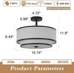 BUXVRCS Semi Flush Mount Ceiling Light Fixture, Modern Light Fixtures Ceiling Mount with Fabric Shade, 3-Light Double Drum Lighting Fixtures Close to Ceiling Light for Bedroom (Black)