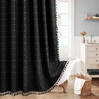 MitoVilla 72 x 84 Black Boho Extra Long Shower Curtain, Modern Farmhouse 84 inch XL Polyester Linen Texture Tassel Fabric Shower Curtain for Cottagecore Country Bathroom Decor