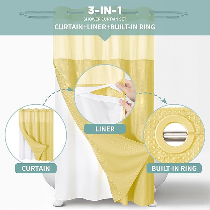Yellow No Hook Waffle Weave Shower Curtain with snap-in Liner Replacement, 230GSM Waterproof Fabric Hotel Shower Curtain Set for Bathroom, Through Mesh Top Window,71Wx74H