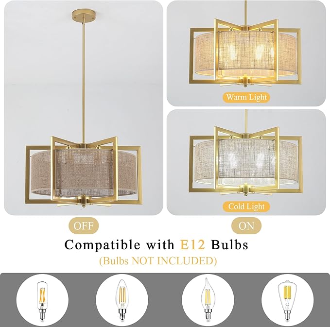ALISADABOY Sprayed Gold Chandelier for Dining Room 21.25’’ Modern Farmhouse Geometric Drum Chandelier Industrial 6 Light Pendant Light Fixtures for Kitchen Island Entryway Foyer Hallway