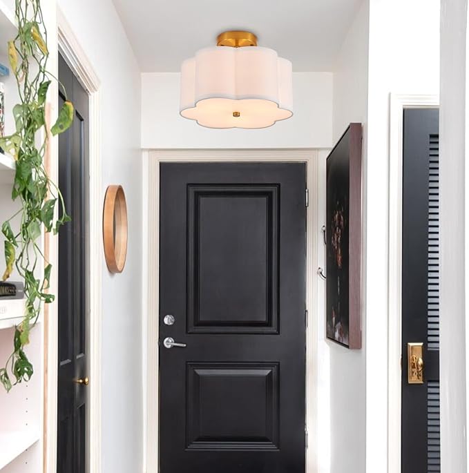 Modern Semi Flush Mount Ceiling Light Modern Gold 3-Lights Drum Ceiling Lighting Fixture Vintage Linen Golden Ceiling Lamp for Laundry Room, Kitchen, Basement, Dining Room, Bedroom