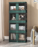 8.4Gal Collapsible Storage Bins with Lids & Wheels - 4 Pack Stackable with Doors, Heavy-Duty Plastic Containers for Home/Office, Green