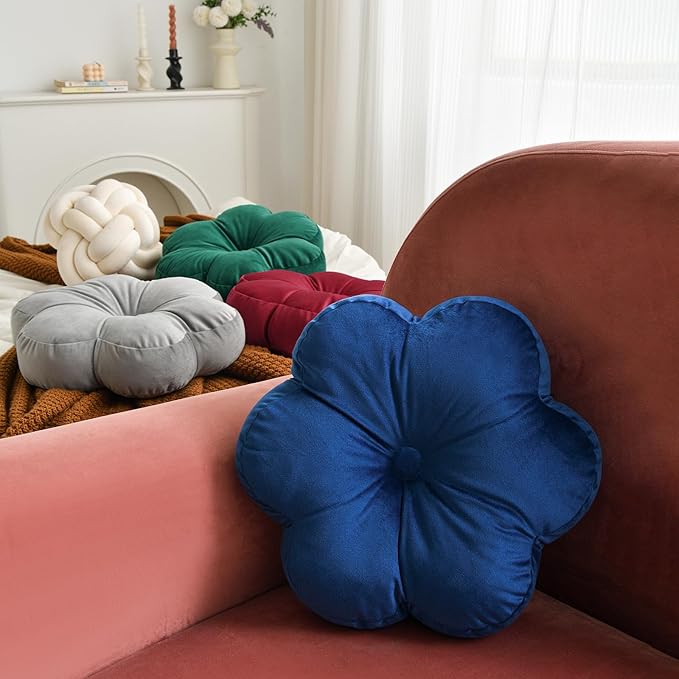 Xuyier Flower Pillow, Flower Shaped Pillow with Velvet for Couch Bed Chair Sofa, Home Decor Floor Seating Cushion Cute Throw Pillows for Living Room Bedroom (15 Inches, Wine Red)