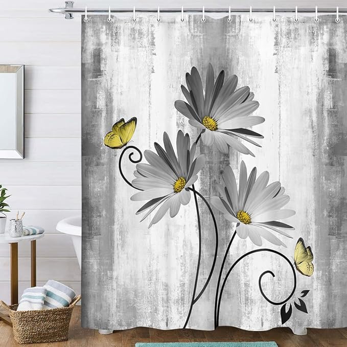 Rustic Farmhouse Shower Curtain - Gray Daisy Floral With Butterfly on Country Wooden Background for Bathroom, White Yellow, 60x70IN, 12 Hooks Included