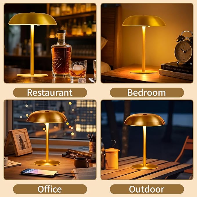 Cordless Mushroom Table Lamp, 2500mAH Rechargeable Battery Operated Lamp with 3 Color Stepless Dimming, Portable Touch Bedside Lamps for Bedroom, Nightstand, Patio, Office, Party, Bar, Gold