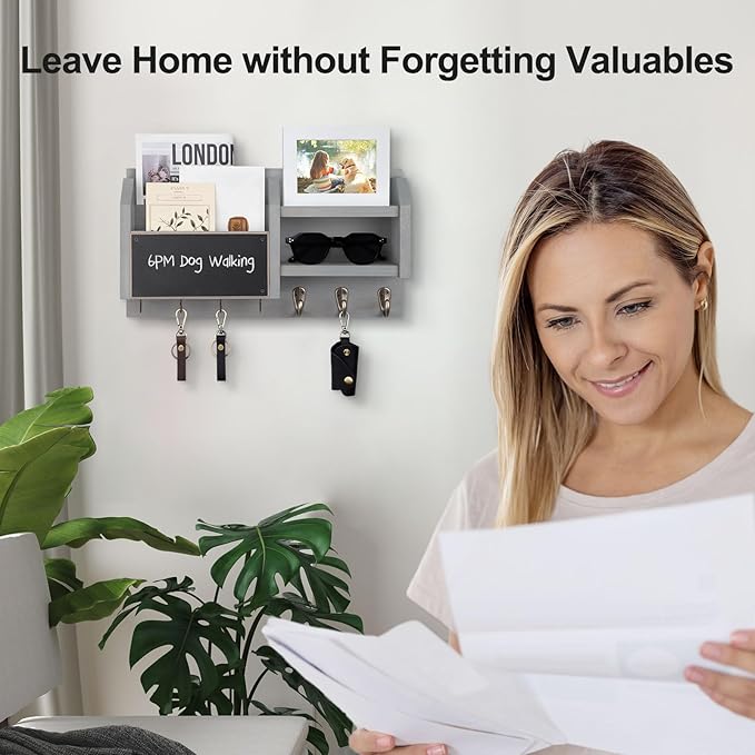 Mail and Key Holder – Wall Mount Key Hanger with Shelf and 7 Metal Hooks – Decorative Natural Paulownia Wood Entryway Organizer with Mounting Hardware (16.5”W x 8.7”H x 3.5”D) (Gray)