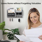 Mail and Key Holder – Wall Mount Key Hanger with Shelf and 7 Metal Hooks – Decorative Natural Paulownia Wood Entryway Organizer with Mounting Hardware (16.5”W x 8.7”H x 3.5”D) (Gray)
