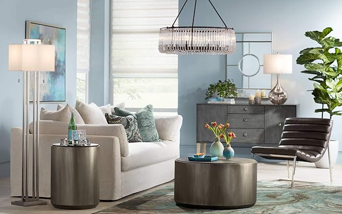 Possini Euro Design Modern Standing Floor Lamp Double Tier 62" Tall Brushed Nickel Silver Openwork Rectangular Off White Fabric Shade Decor for Living Room Reading House Bedroom Home