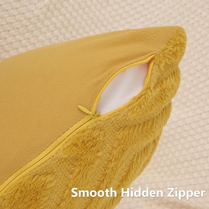 Pallene Mustard Yellow Throw Pillow Covers 22x22 Set of 2, Soft Plush Faux Fur Decorative Couch Pillow Covers for Sofa Bed Living Room Pillow Cases with 3D Diamond Pattern