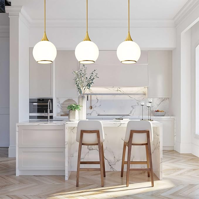 Pendant Lights Kitchen Island: Brushed Gold Light Fixture Farmhouse with Milk Glass - 10 Inch Mid Century Globe Kitchen Lighting Fixtures Ceiling for Dining Room