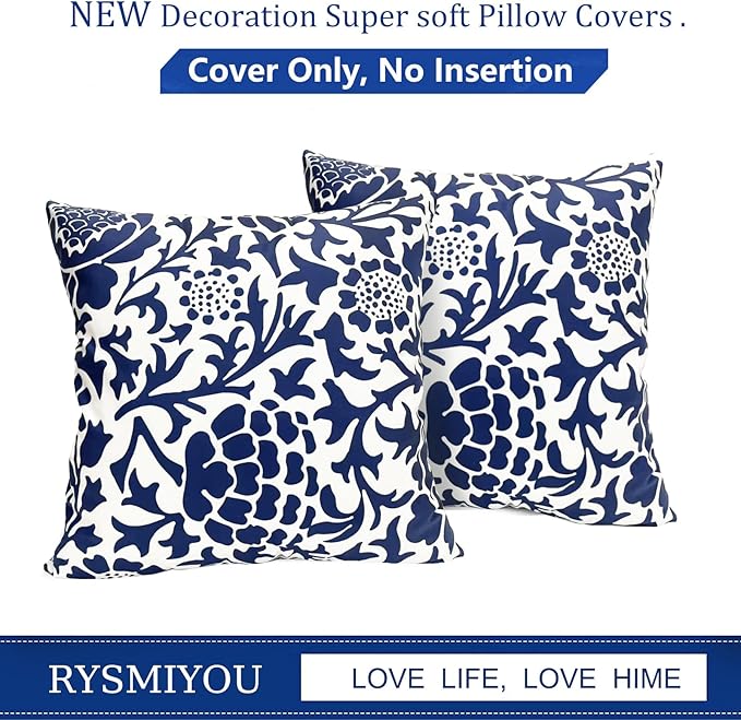 Decorative Throw Pillow Covers Set of 2 Blue Pillow Covers 16x16 inch Soft Short Plush Couch Pillow Case Floral Throw Pillows,Farmhouse Outdoor Pillow Covers for Sofa Bed Living Room Car