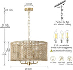 Rattan Drum Chandeliers for Dining Room, 4-Light Bohemian Hand-Woven Farmhouse Pendant Light Dining Room Light Fixture Chandelier for Entryway Living Room Kitchen Stairway Bedroom Hallway(Gold)