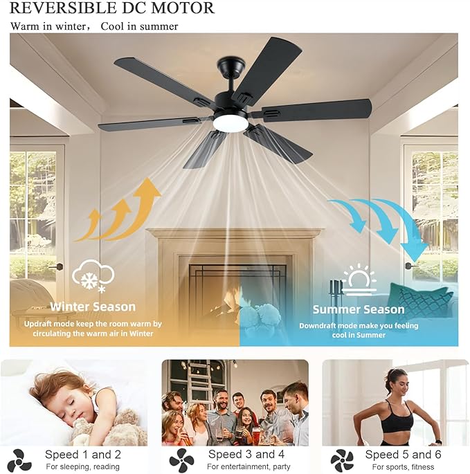 56inch Black Ceiling Fans with Lights and Remote/App Control, Dimmable LED, Reversible DC Motor, Noiseless, 6 Double-Side blades, 6 Speeds Low Profile Ceiling Fan for Indoor/Outdoor Use
